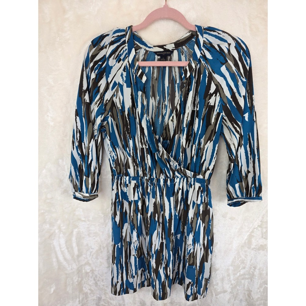 Banana Republic Blue Abstract Brushstroke Faux Wrap Dress Womens 2 Elastic Waist